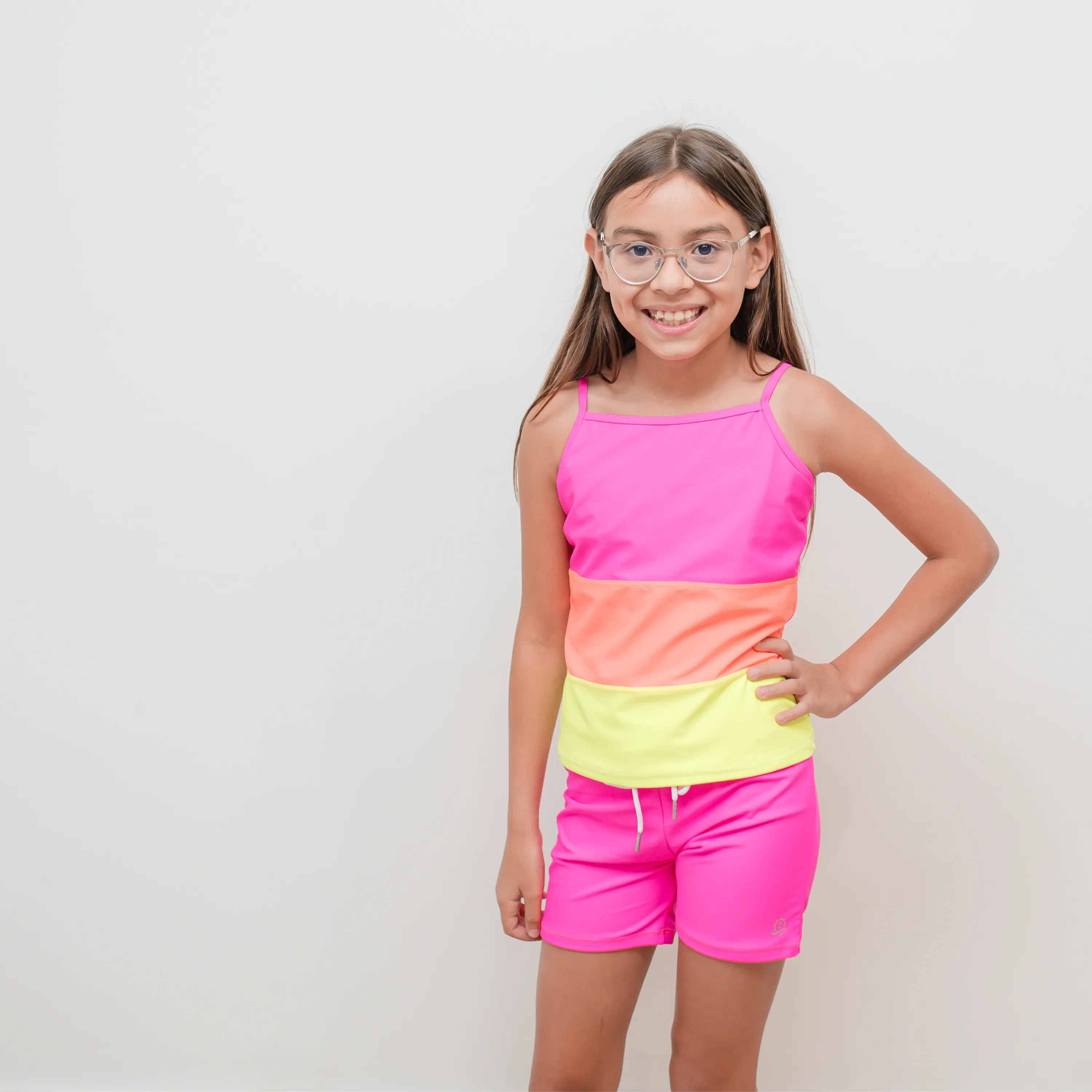 Girls Long Sleeve Rash Guard   Tankini Shorts Set (3 Piece) | "Neon Sunrise"