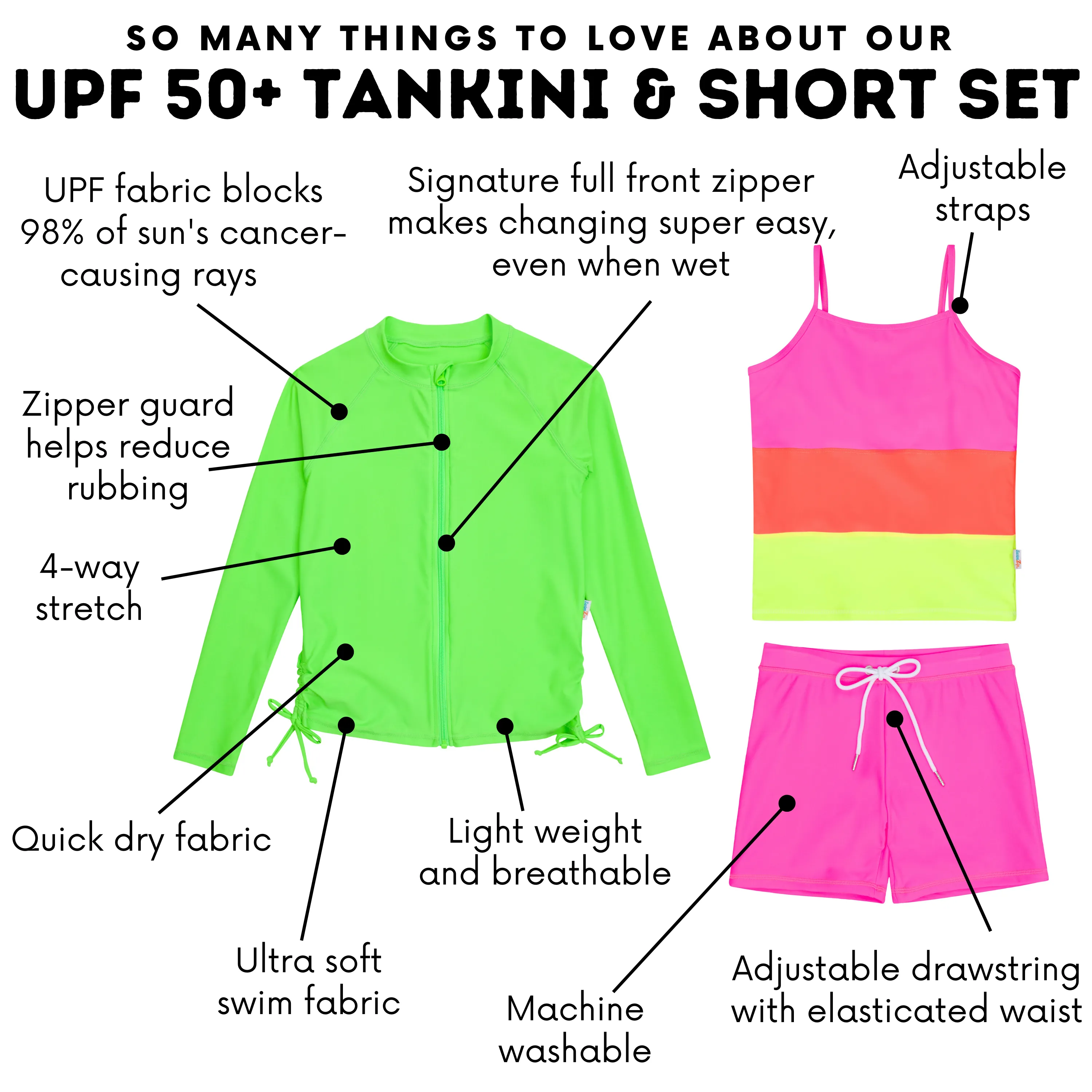 Girls Long Sleeve Rash Guard   Tankini Shorts Set (3 Piece) | "Neon Sunrise"