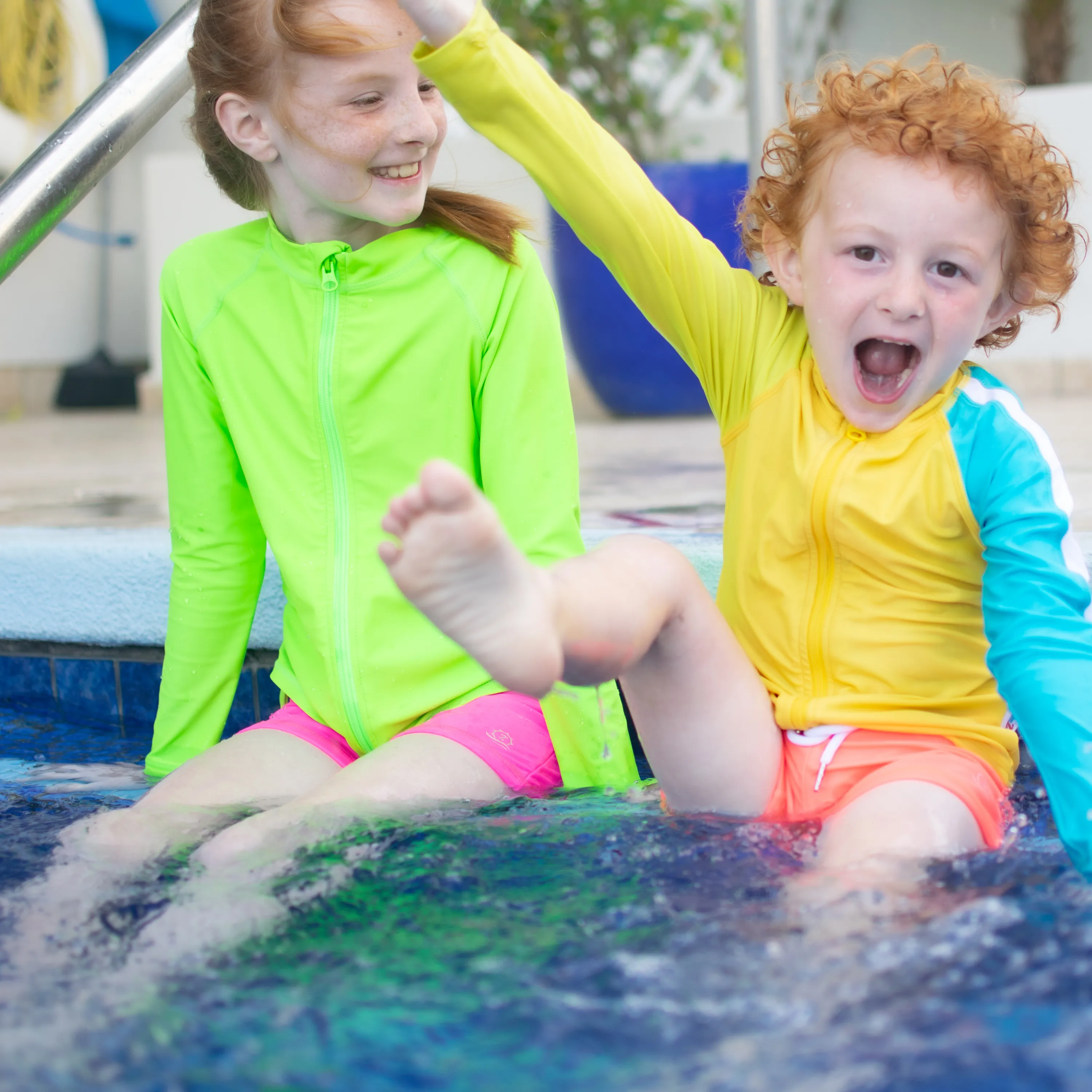 Girls Long Sleeve Rash Guard   Tankini Shorts Set (3 Piece) | "Neon Sunrise"