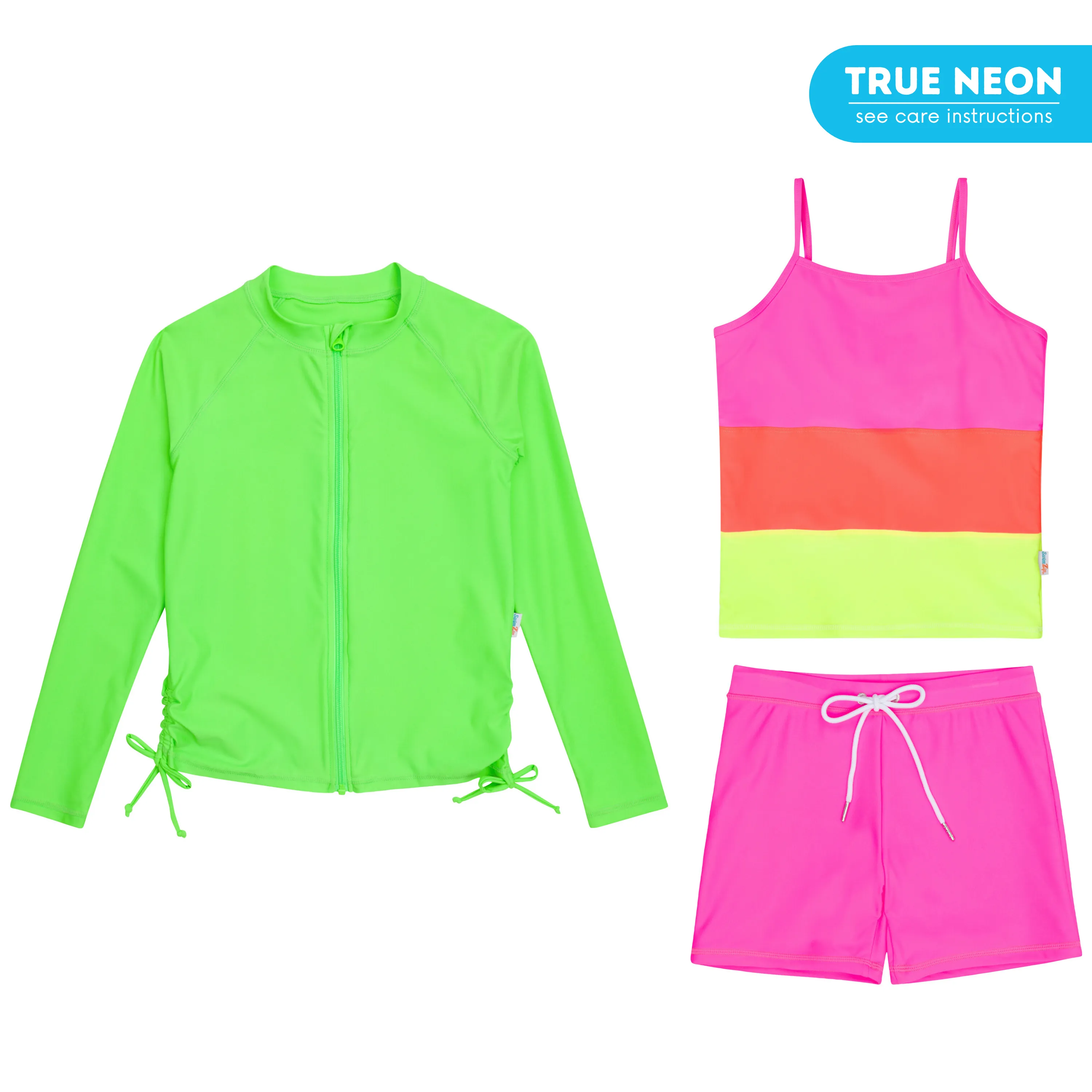 Girls Long Sleeve Rash Guard   Tankini Shorts Set (3 Piece) | "Neon Sunrise"