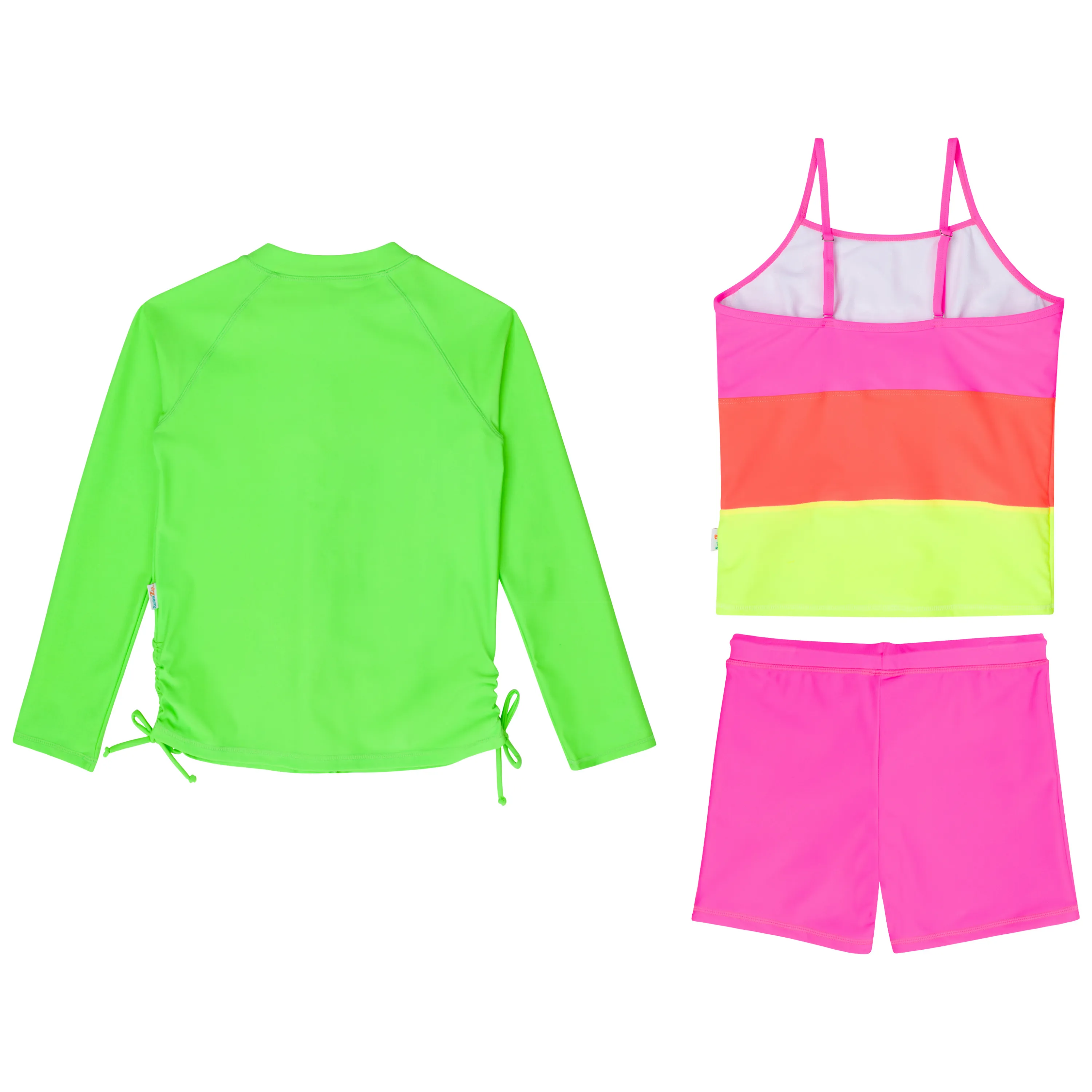Girls Long Sleeve Rash Guard   Tankini Shorts Set (3 Piece) | "Neon Sunrise"