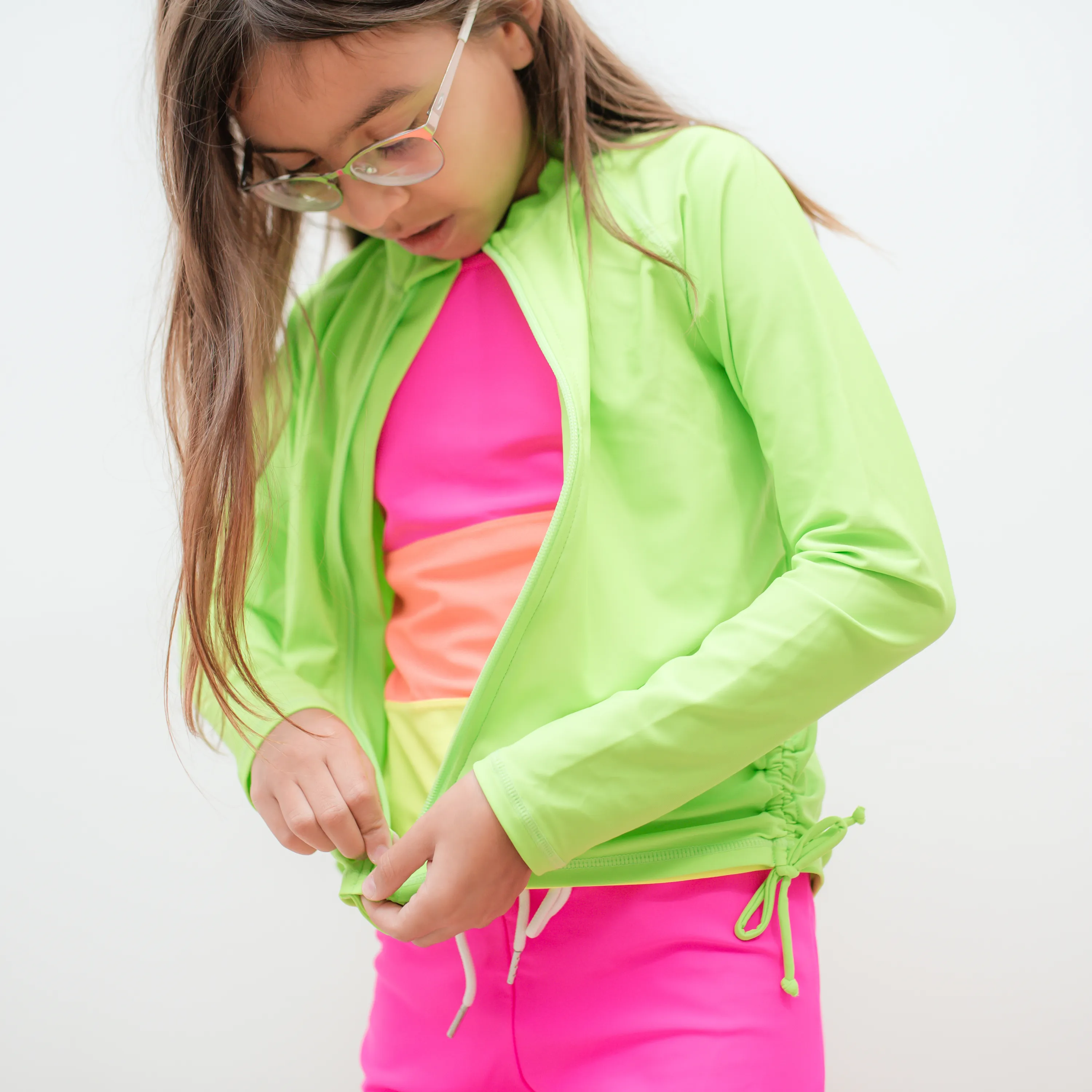 Girls Long Sleeve Rash Guard   Tankini Shorts Set (3 Piece) | "Neon Sunrise"