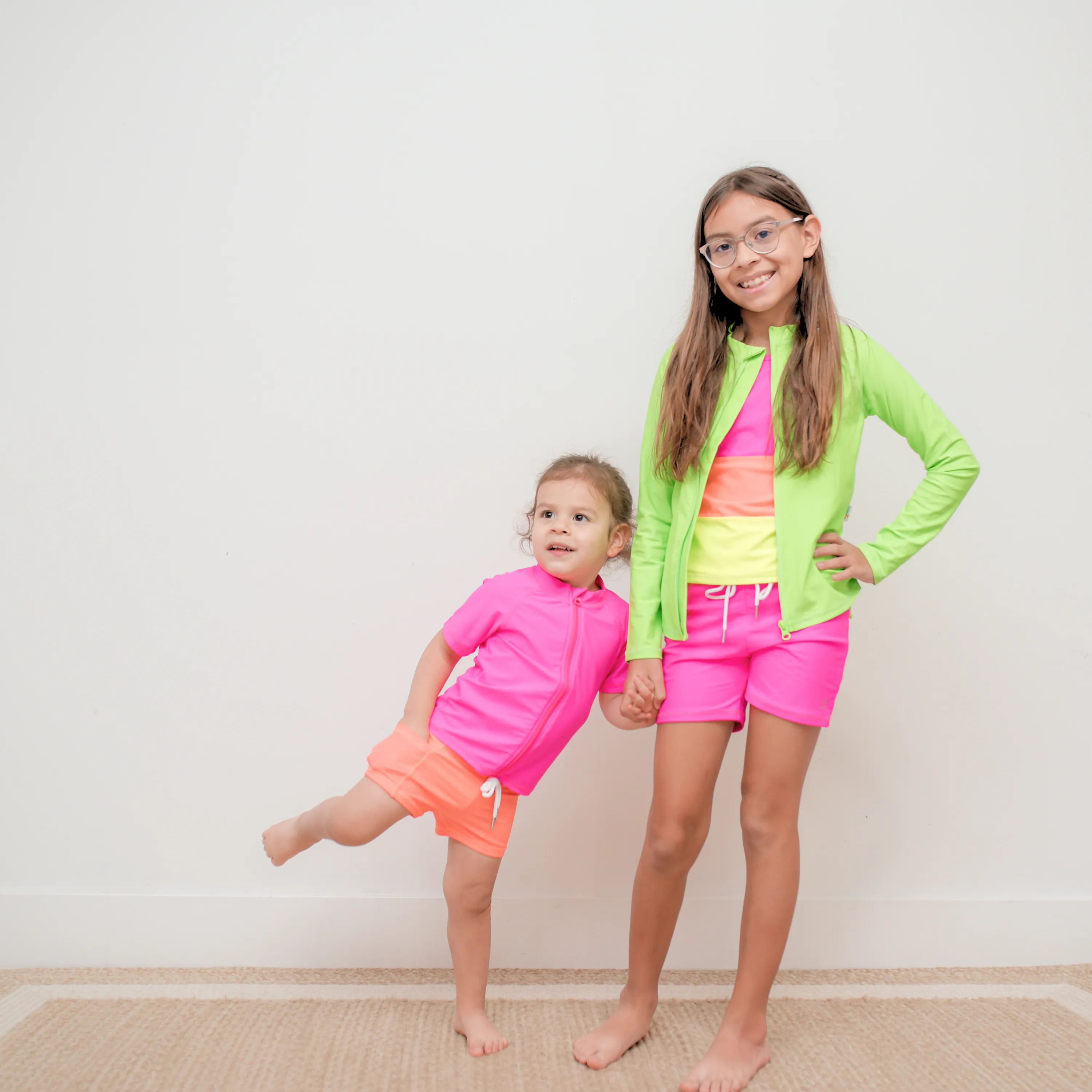 Girls Long Sleeve Rash Guard   Tankini Shorts Set (3 Piece) | "Neon Sunrise"