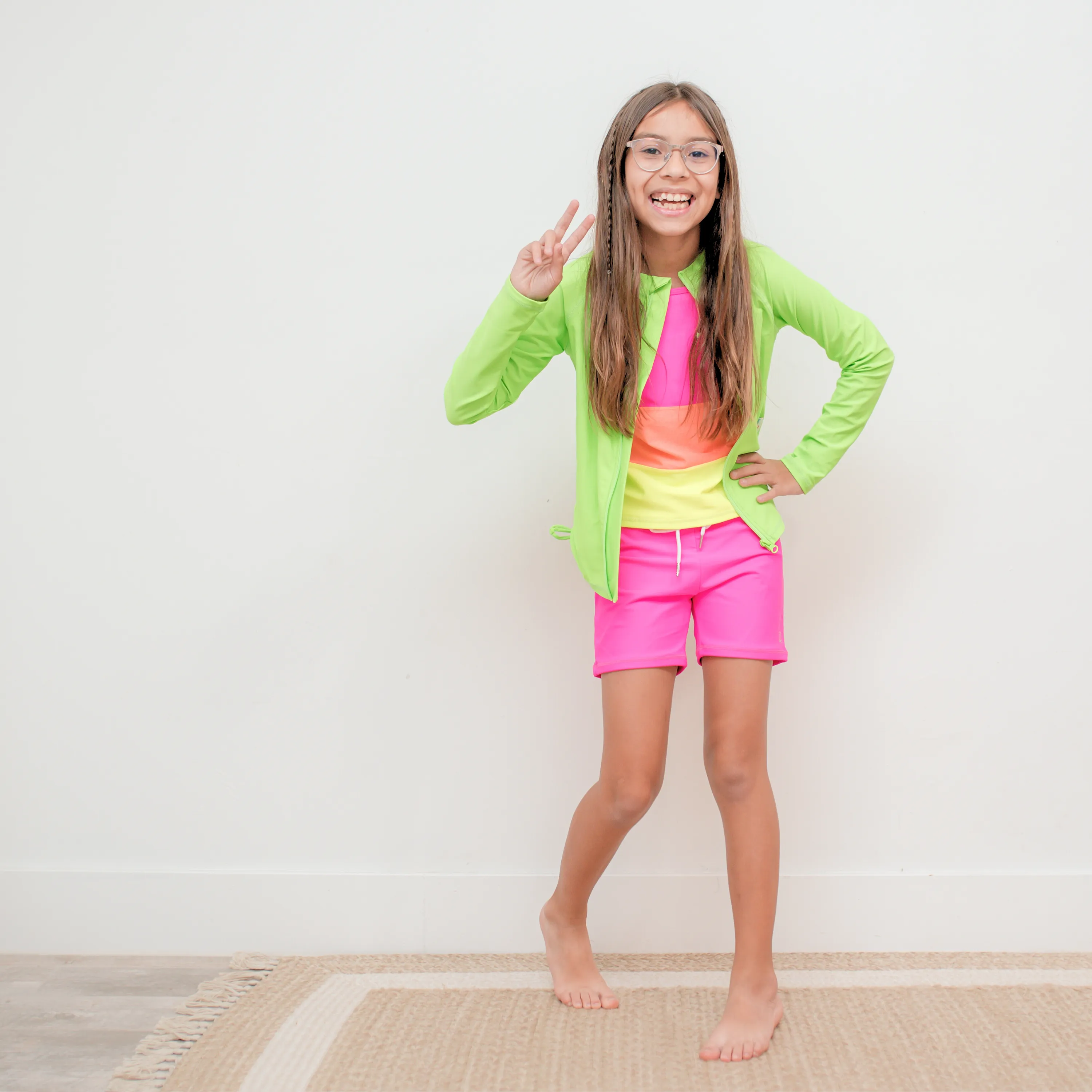 Girls Long Sleeve Rash Guard   Tankini Shorts Set (3 Piece) | "Neon Sunrise"