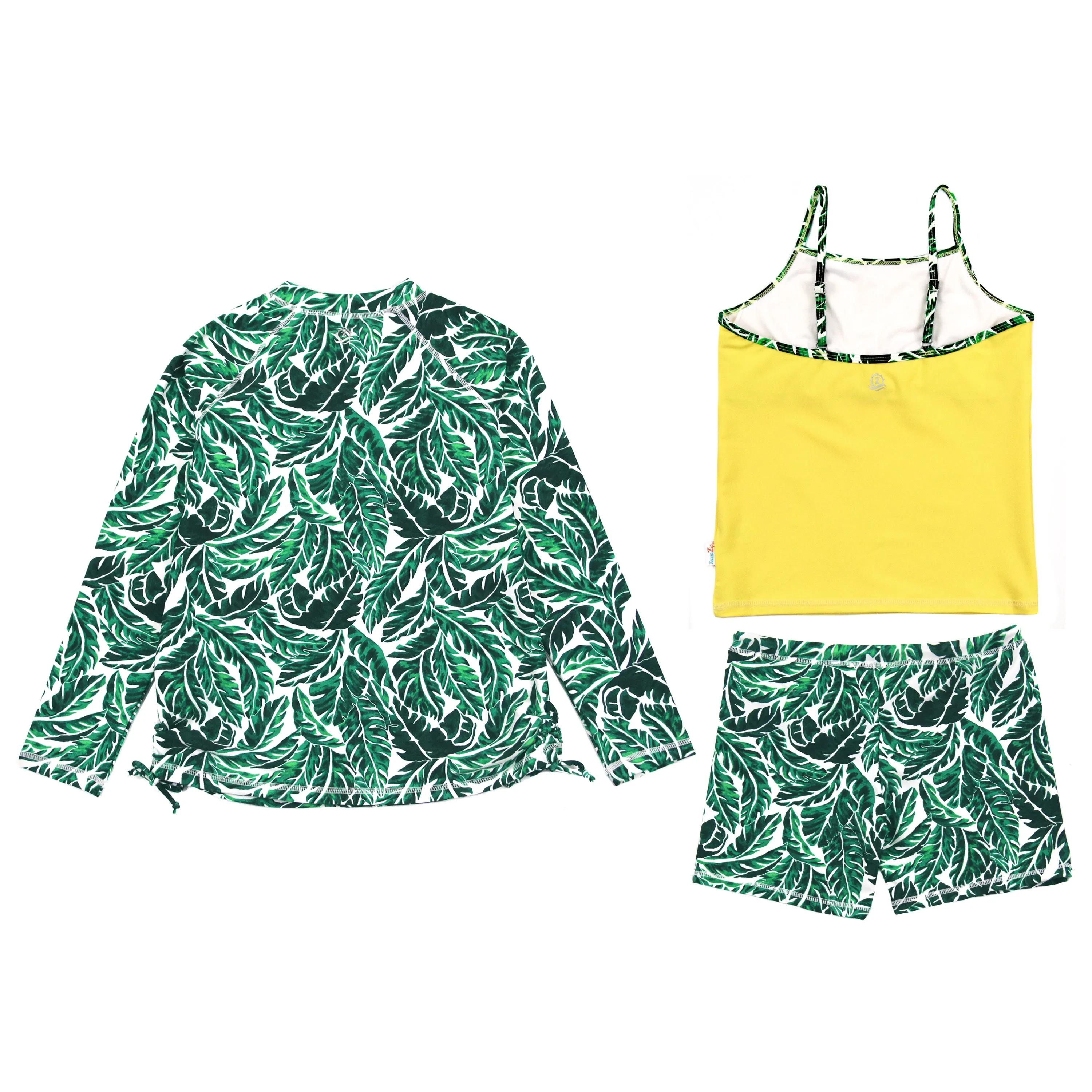 Girls Long Sleeve Rash Guard   Tankini Shorts Set (3 Piece) | "Palm Leaf"