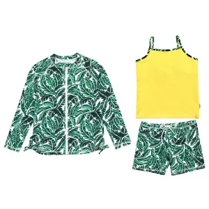 Girls Long Sleeve Rash Guard   Tankini Shorts Set (3 Piece) | "Palm Leaf"