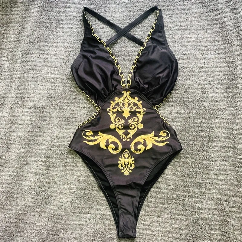 Golden Print One Piece Bikini Deep-V Bathing Suit
