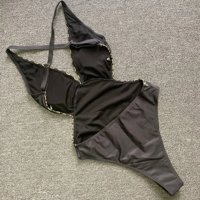 Golden Print One Piece Bikini Deep-V Bathing Suit