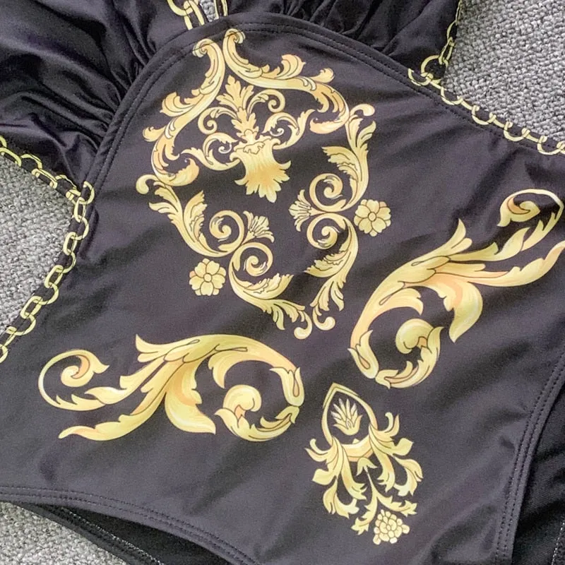 Golden Print One Piece Bikini Deep-V Bathing Suit