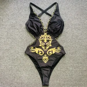 Golden Print One Piece Bikini Deep-V Bathing Suit
