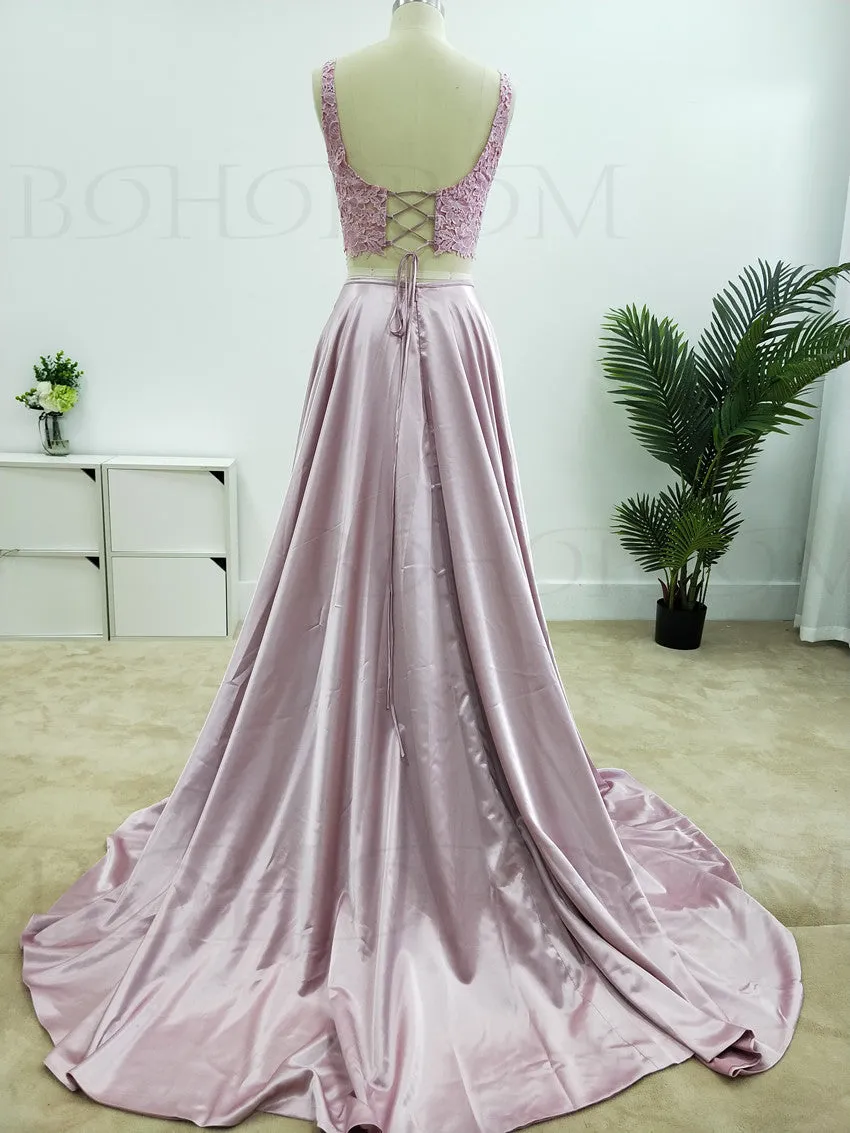 Gorgeous Satin 2 Pieces Prom dresses Square Lace Dresses With Slit PD309