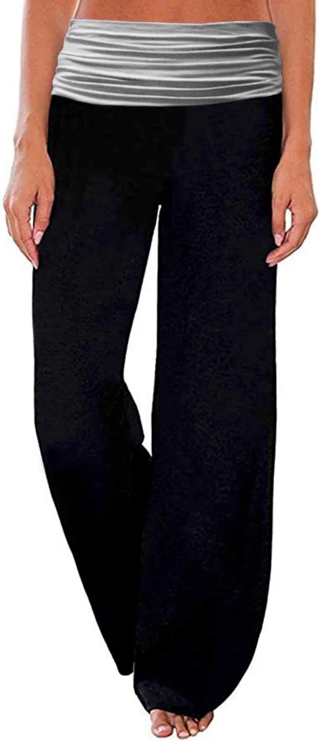 Gracyoga Women's Comfy Pajama Pants Wide Leg Lounge Palazzo Yoga Pants Stretch Casual Floral Print Fold Waist Pants