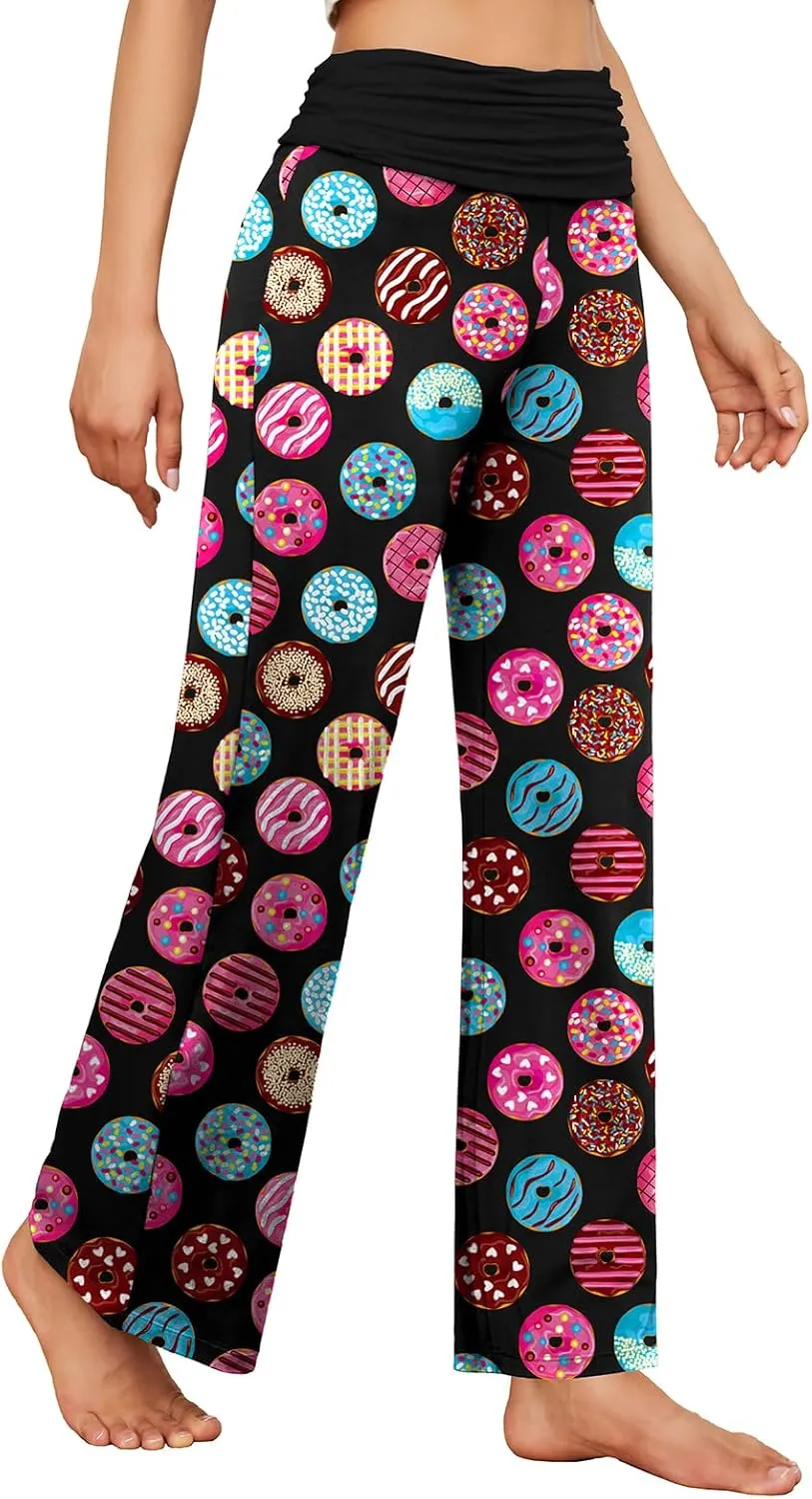 Gracyoga Women's Comfy Pajama Pants Wide Leg Lounge Palazzo Yoga Pants Stretch Casual Floral Print Fold Waist Pants