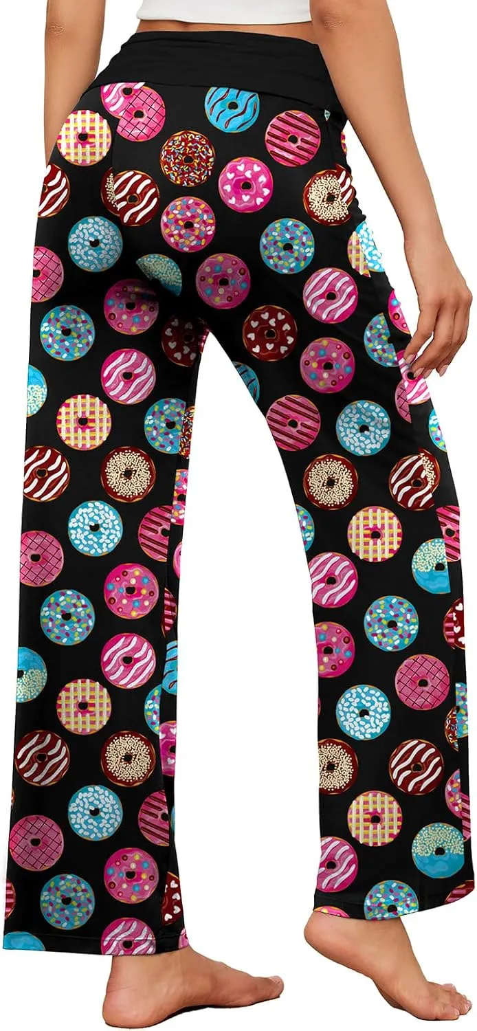 Gracyoga Women's Comfy Pajama Pants Wide Leg Lounge Palazzo Yoga Pants Stretch Casual Floral Print Fold Waist Pants