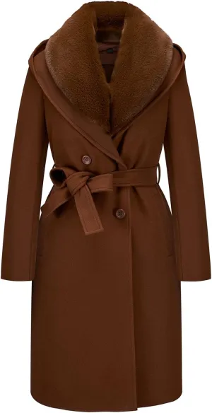 GRAN ORIENTE Winter Mid Length Woolen Pea Coats Trench For Women with Warm Down Vest and Faux Fur Collar
