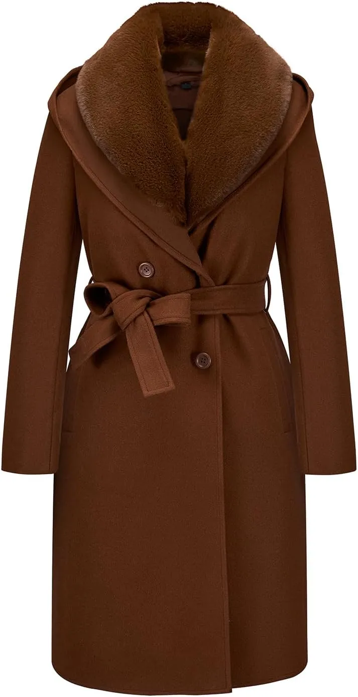 GRAN ORIENTE Winter Mid Length Woolen Pea Coats Trench For Women with Warm Down Vest and Faux Fur Collar