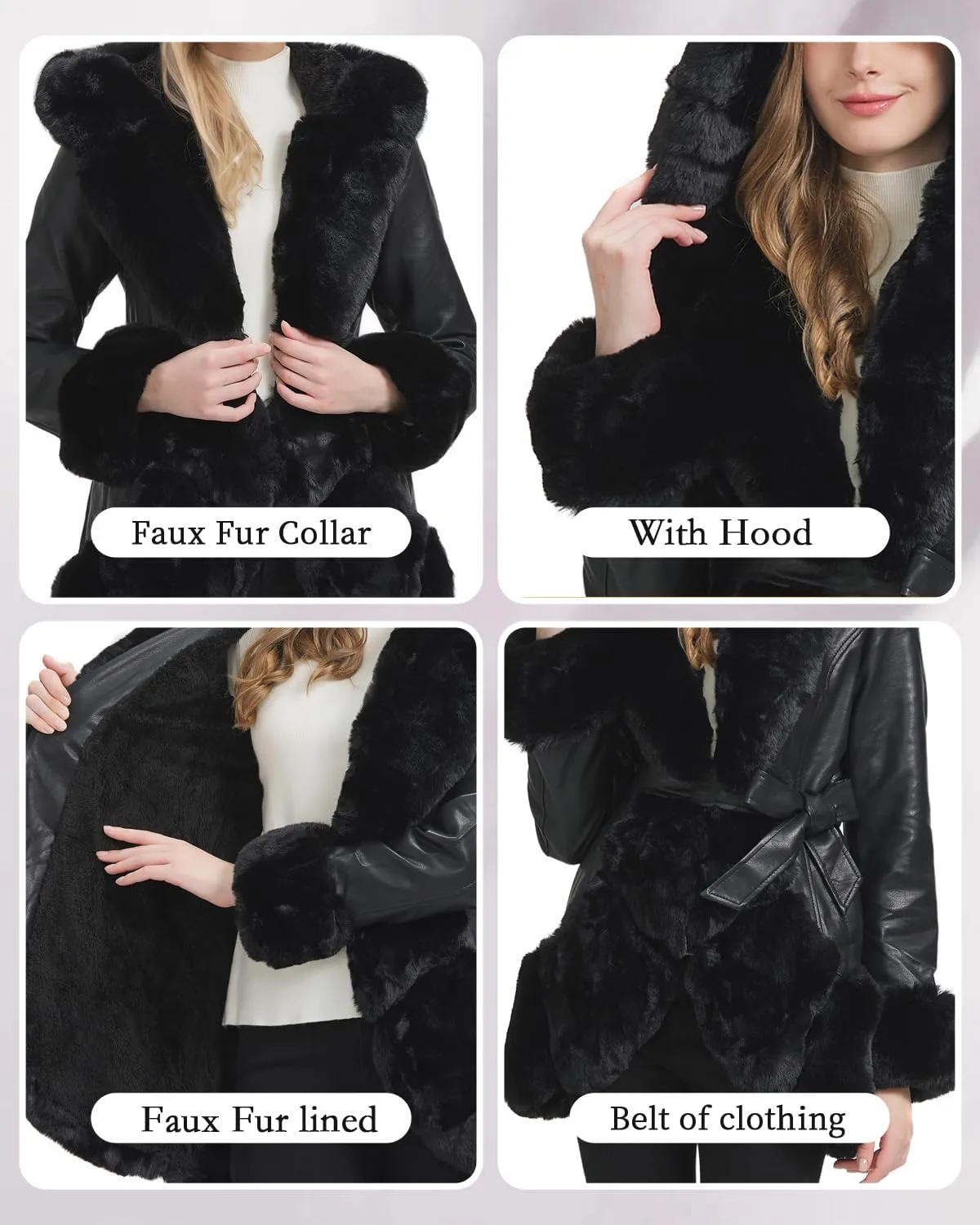 GRAN ORIENTE Women's Faux Leather Coat with Faux Fur Collar,Winter Warm Belted Mid Length Trim Jacket Fur Lined with Hood