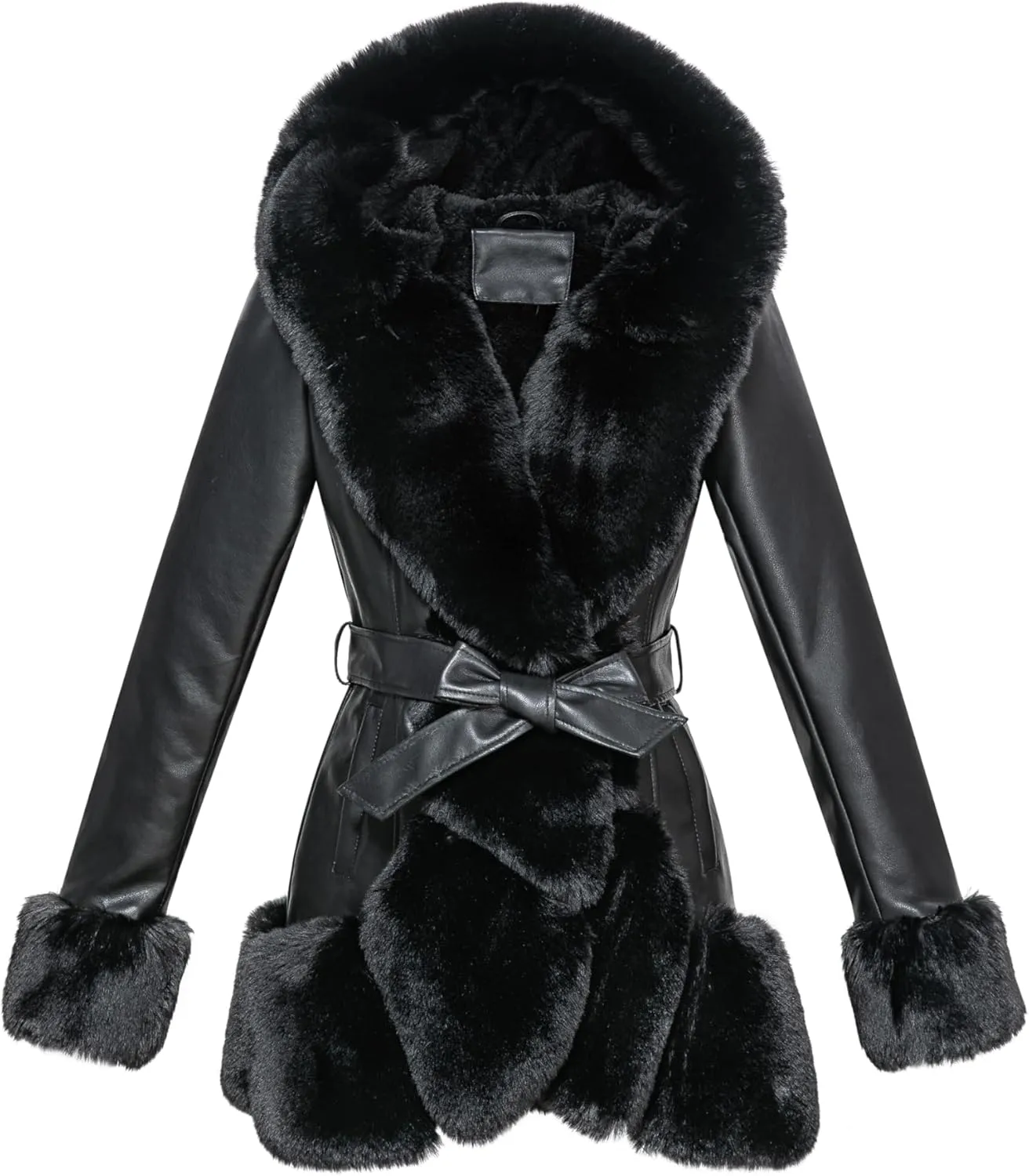 GRAN ORIENTE Women's Faux Leather Coat with Faux Fur Collar,Winter Warm Belted Mid Length Trim Jacket Fur Lined with Hood