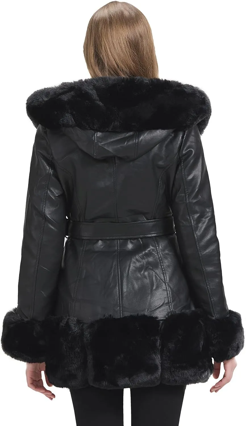 GRAN ORIENTE Women's Faux Leather Coat with Faux Fur Collar,Winter Warm Belted Mid Length Trim Jacket Fur Lined with Hood