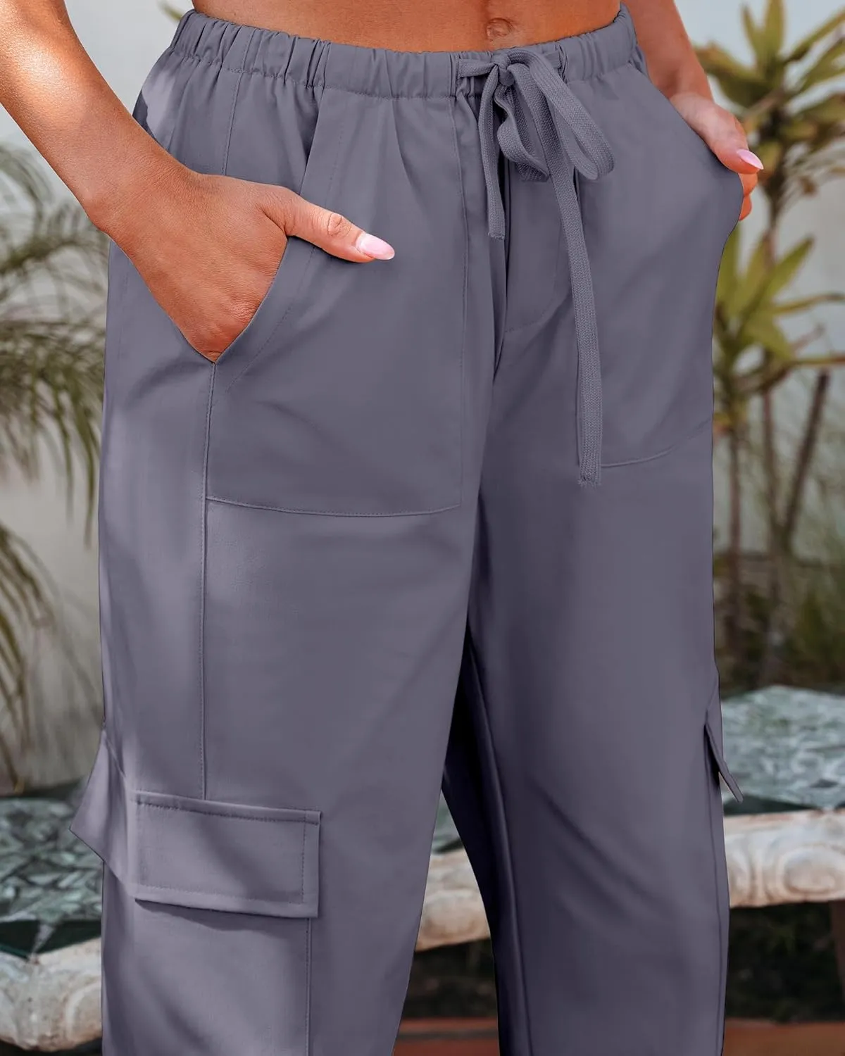 GRAPENT Wide Leg Pants Woman Cargo High Waisted Cotton Pull On Elastic Waist Drawstring Baggy Cinch Hem Joggers Pants
