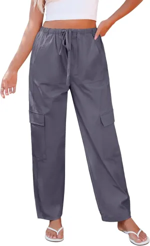 GRAPENT Wide Leg Pants Woman Cargo High Waisted Cotton Pull On Elastic Waist Drawstring Baggy Cinch Hem Joggers Pants