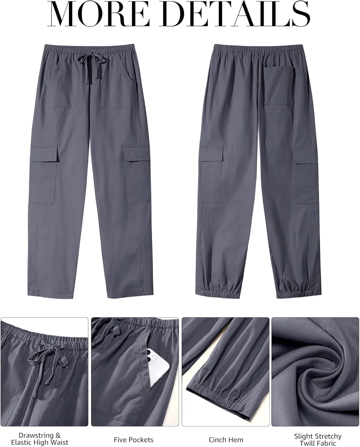 GRAPENT Wide Leg Pants Woman Cargo High Waisted Cotton Pull On Elastic Waist Drawstring Baggy Cinch Hem Joggers Pants
