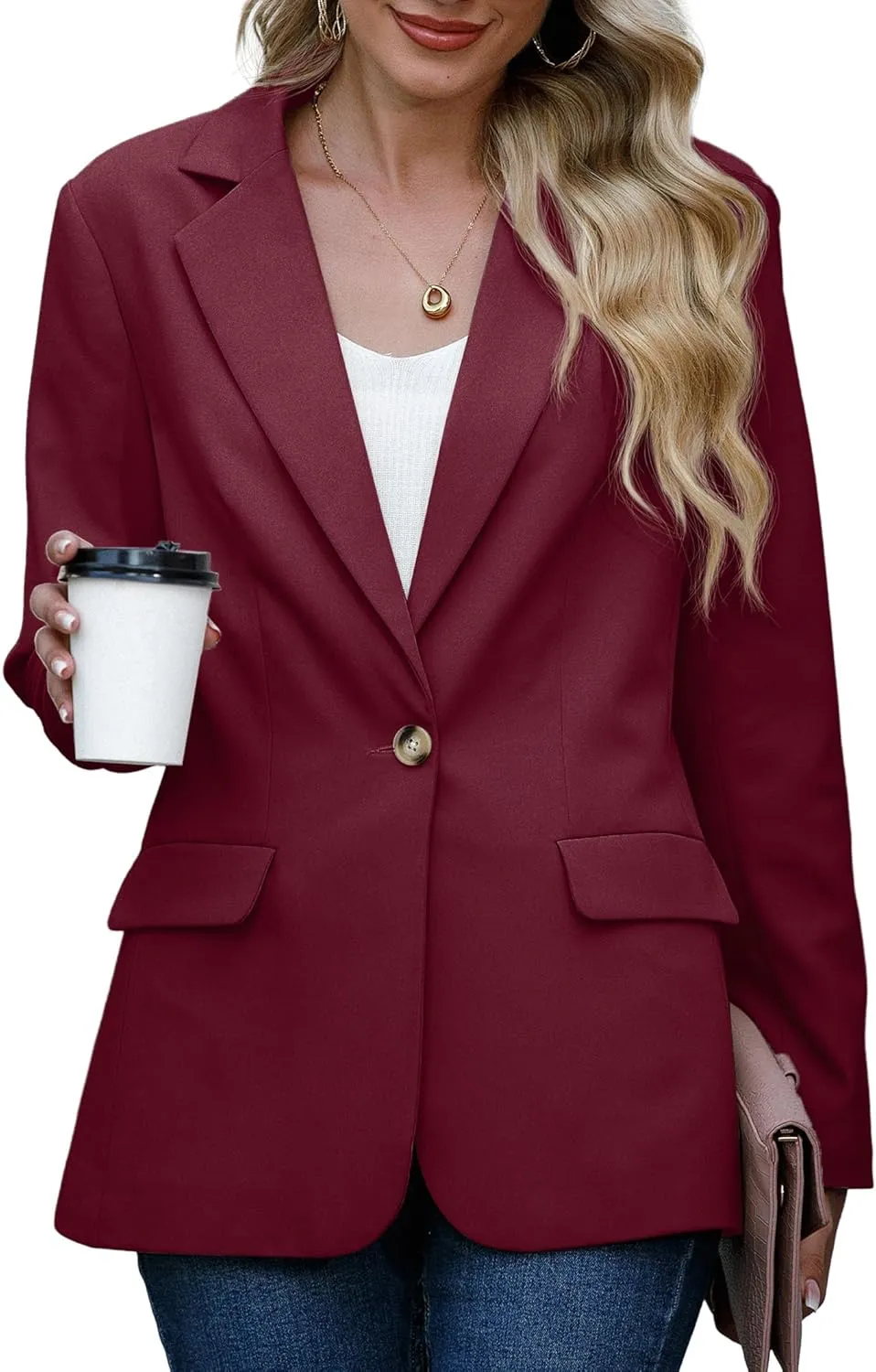 GRECERELLE Womens Blazer Lapel Button Business Casual Outfits for Women Long Sleeve Work Office Jackets
