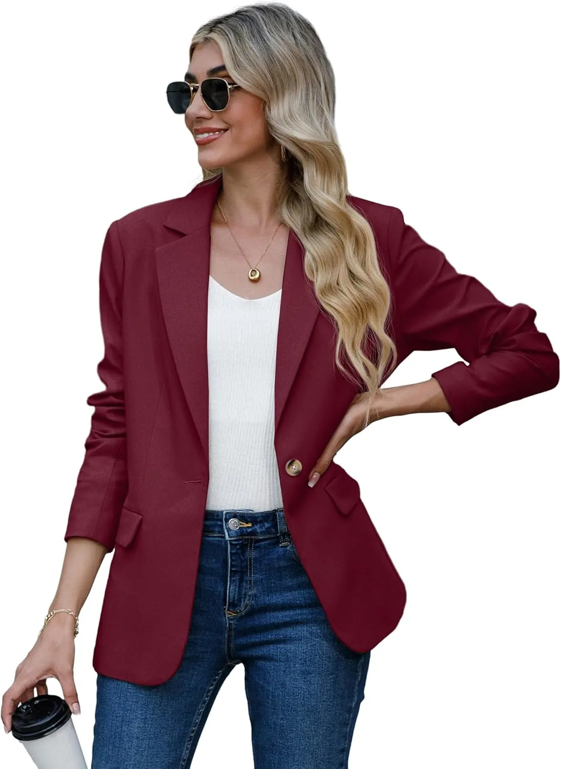 GRECERELLE Womens Blazer Lapel Button Business Casual Outfits for Women Long Sleeve Work Office Jackets