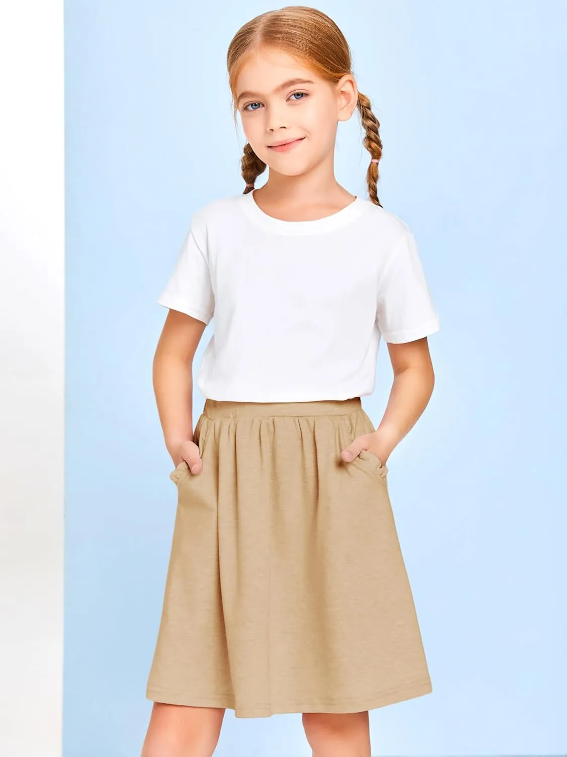Haloumoning Girls Sweat Skirts Kids Cute Elastic Waist Ruffle A-line Skorts with Pockets Fashion Clothes