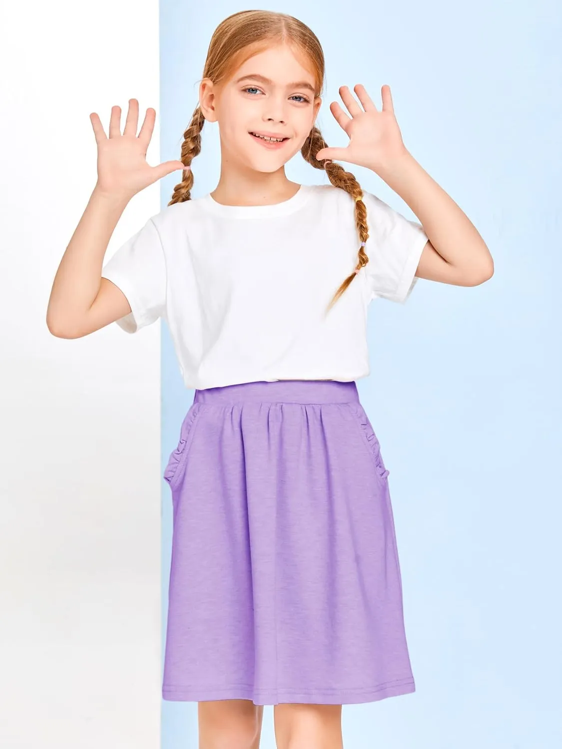 Haloumoning Girls Sweat Skirts Kids Cute Elastic Waist Ruffle A-line Skorts with Pockets Fashion Clothes