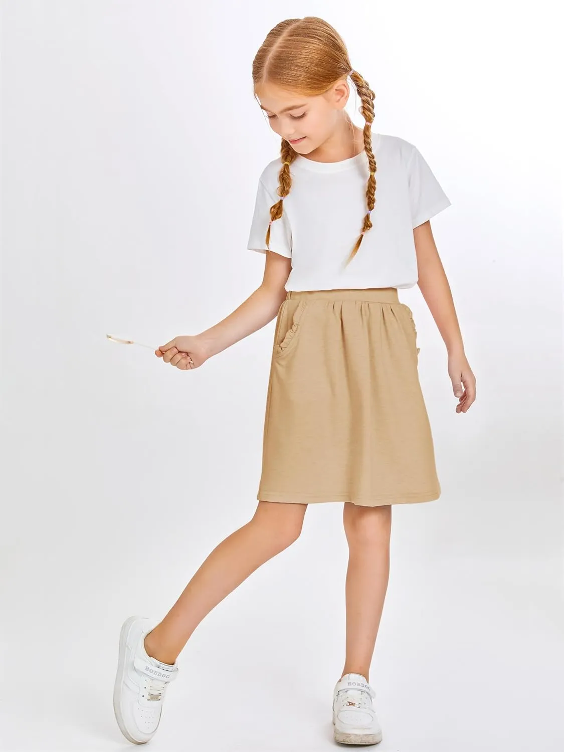 Haloumoning Girls Sweat Skirts Kids Cute Elastic Waist Ruffle A-line Skorts with Pockets Fashion Clothes
