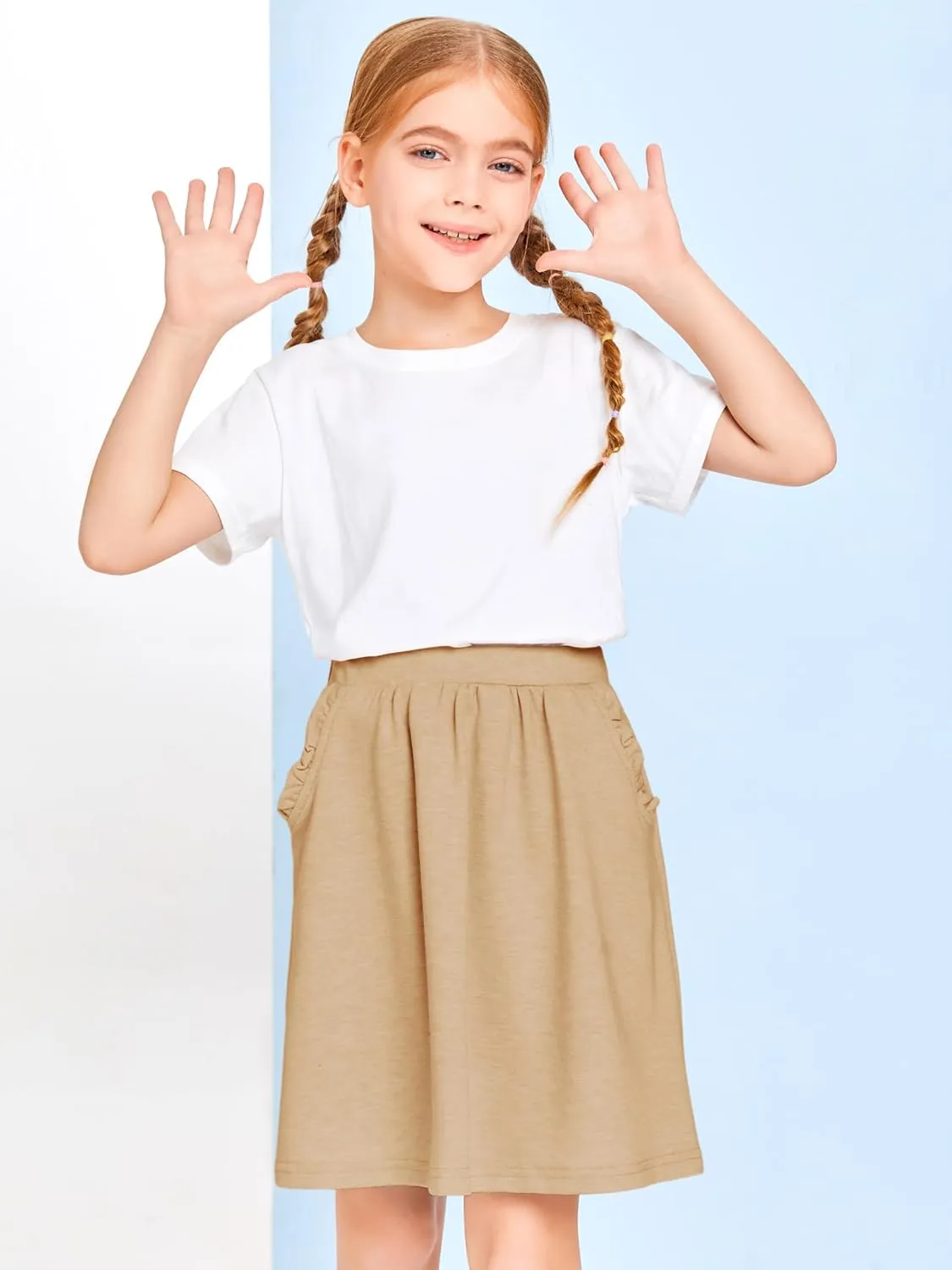 Haloumoning Girls Sweat Skirts Kids Cute Elastic Waist Ruffle A-line Skorts with Pockets Fashion Clothes