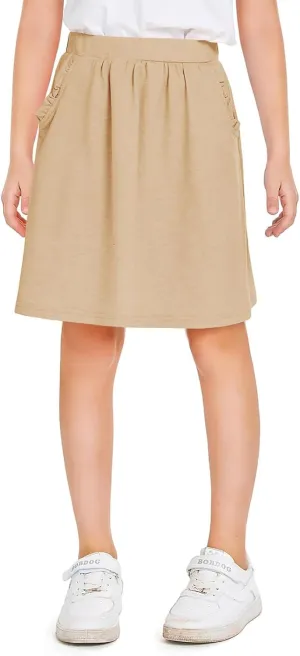 Haloumoning Girls Sweat Skirts Kids Cute Elastic Waist Ruffle A-line Skorts with Pockets Fashion Clothes
