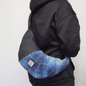 Harris Tweed Crescent Crossbody Bag for Women and Men, Tartan Wool & Denim Hobo Shoulder Bag, Vintage Travel Purse