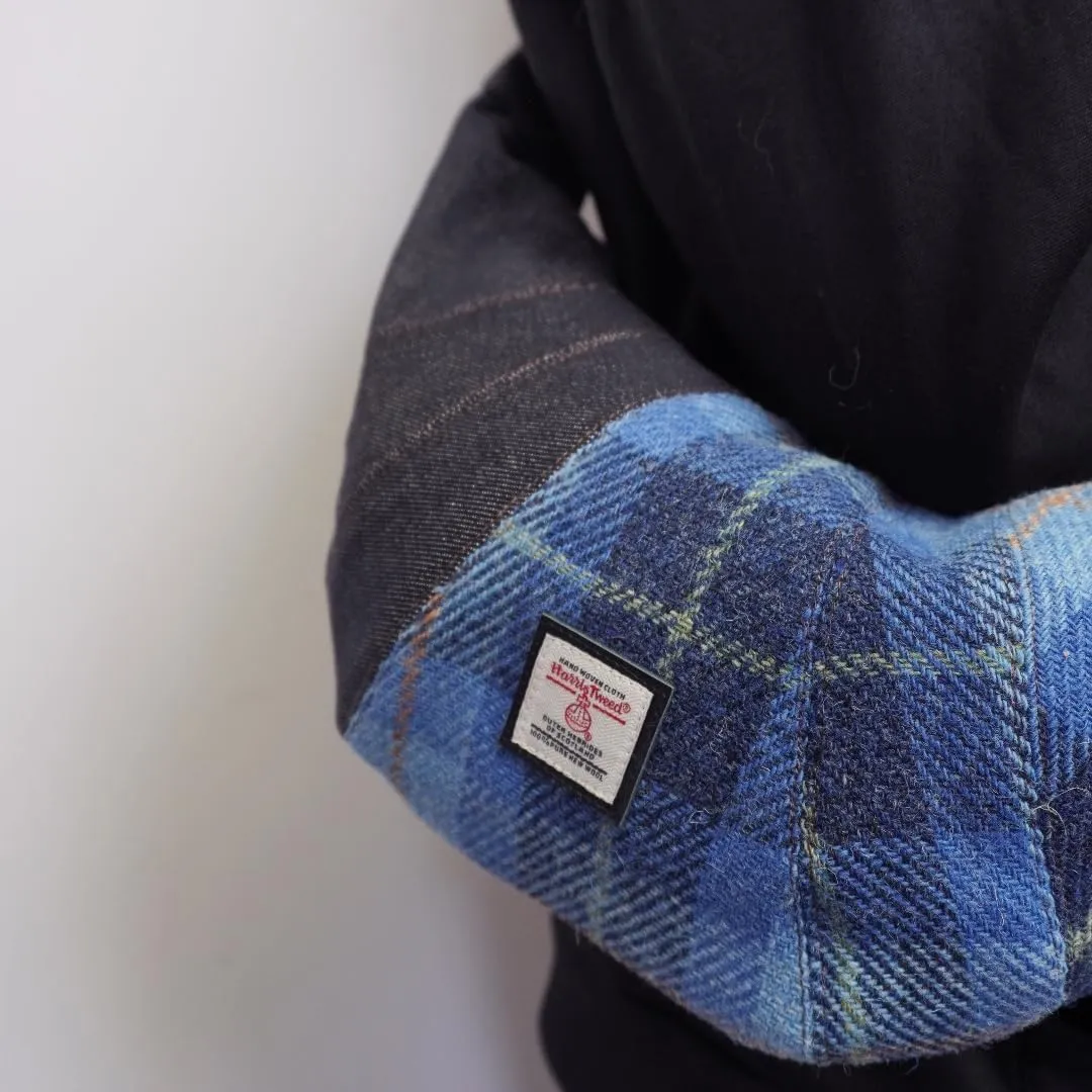 Harris Tweed Crescent Crossbody Bag for Women and Men, Tartan Wool & Denim Hobo Shoulder Bag, Vintage Travel Purse