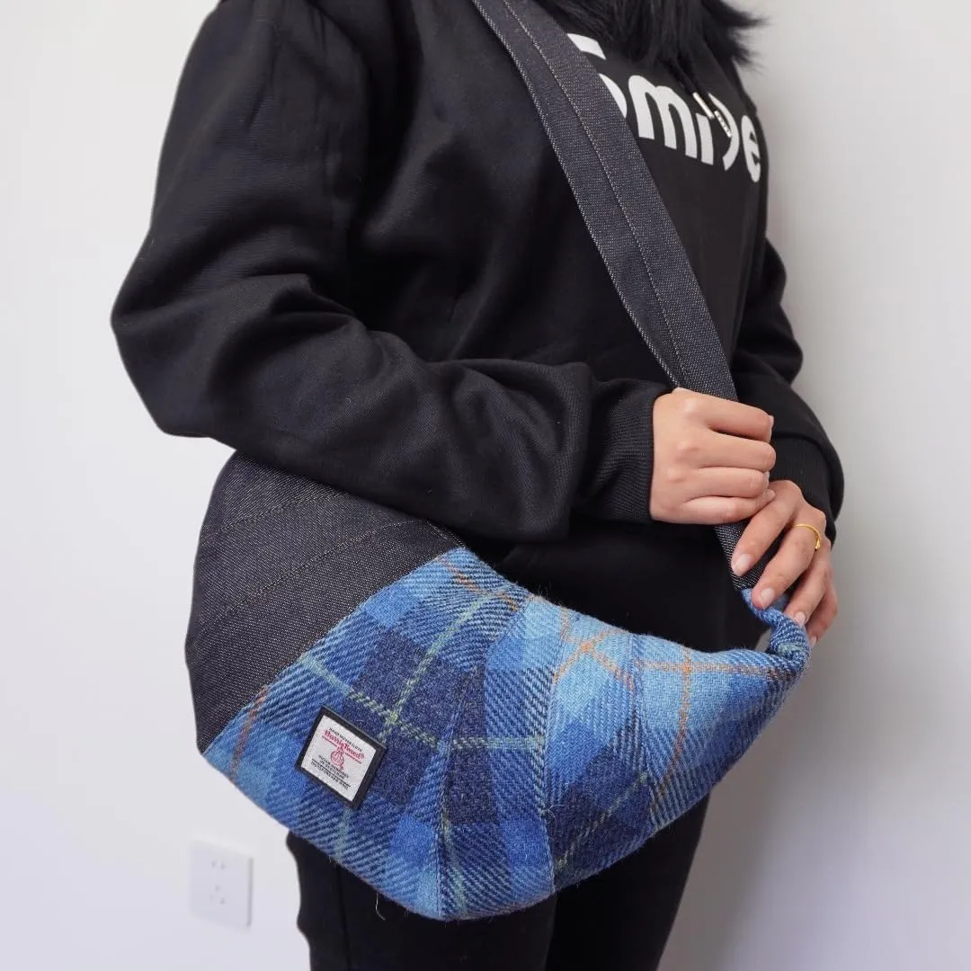 Harris Tweed Crescent Crossbody Bag for Women and Men, Tartan Wool & Denim Hobo Shoulder Bag, Vintage Travel Purse