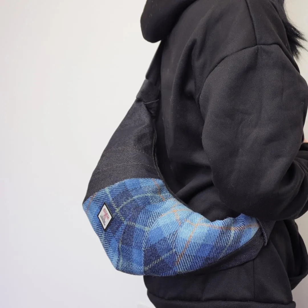 Harris Tweed Crescent Crossbody Bag for Women and Men, Tartan Wool & Denim Hobo Shoulder Bag, Vintage Travel Purse