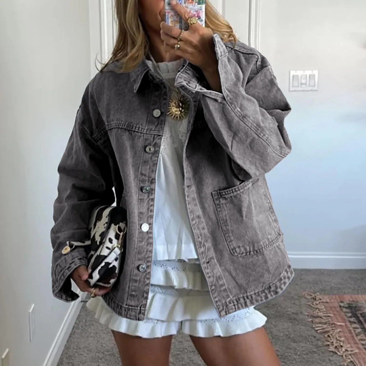 Hixiaohe Jean Jackets for Women Trendy Button Up Denim Shirt Jacket Oversized Long Sleeve Coat Fashion Clothes with Pockets