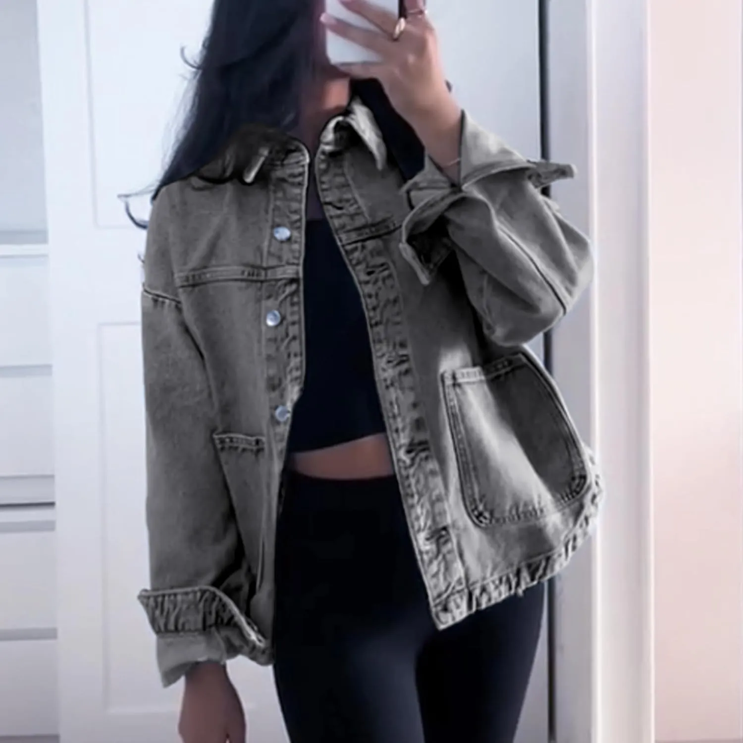 Hixiaohe Jean Jackets for Women Trendy Button Up Denim Shirt Jacket Oversized Long Sleeve Coat Fashion Clothes with Pockets
