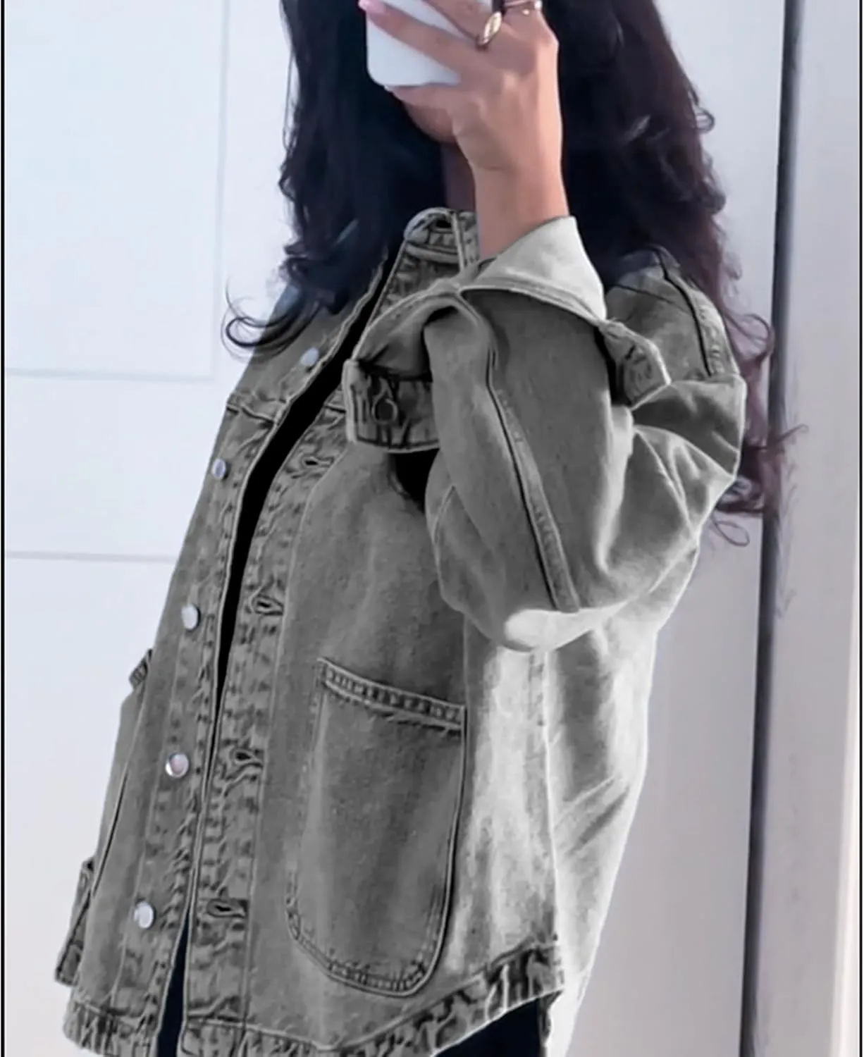 Hixiaohe Jean Jackets for Women Trendy Button Up Denim Shirt Jacket Oversized Long Sleeve Coat Fashion Clothes with Pockets