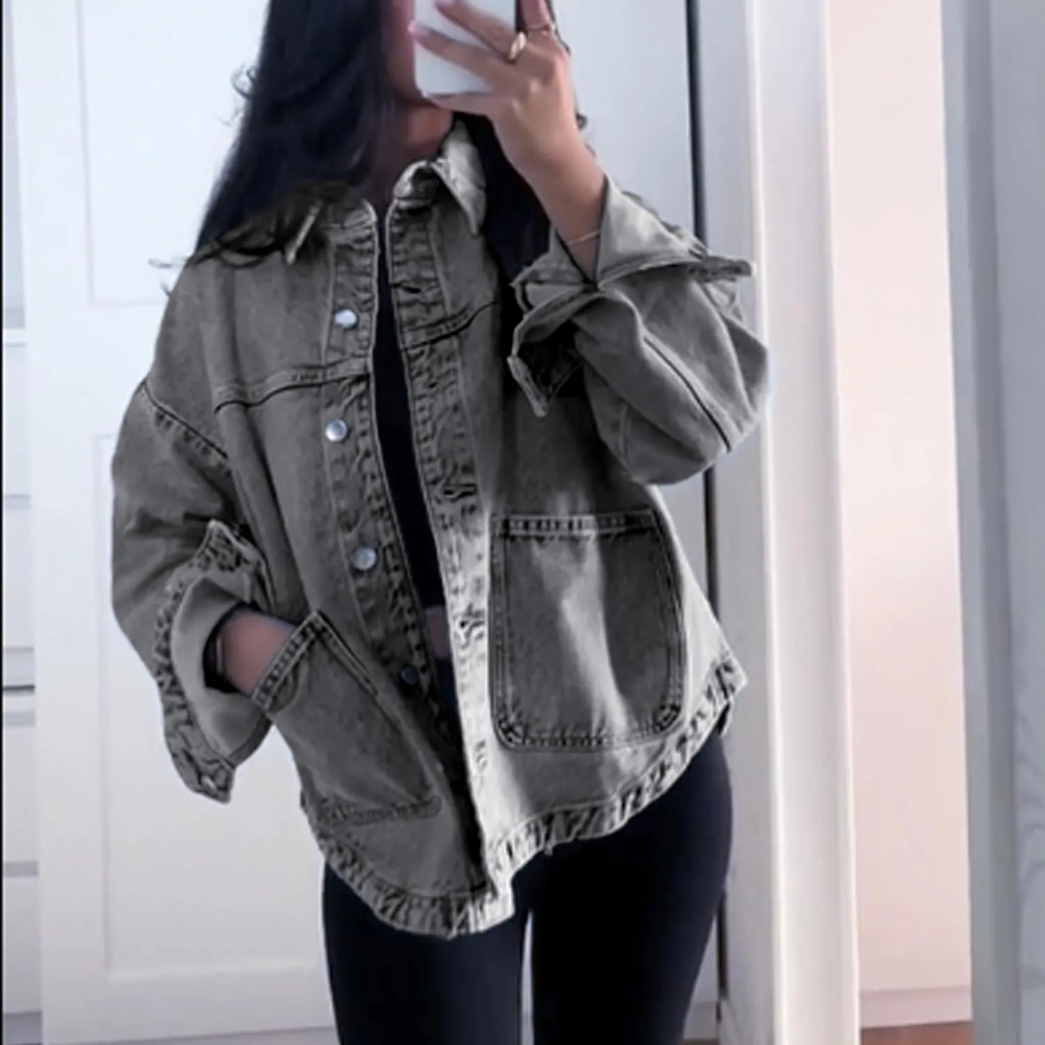 Hixiaohe Jean Jackets for Women Trendy Button Up Denim Shirt Jacket Oversized Long Sleeve Coat Fashion Clothes with Pockets