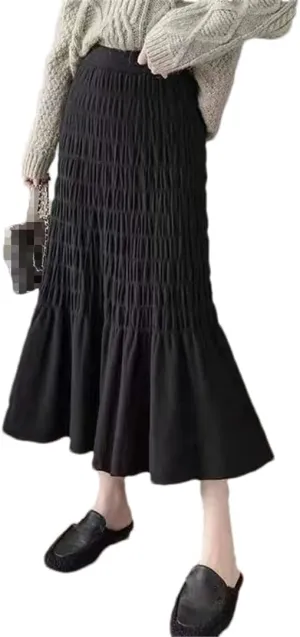 Hndudnff Women Solid Knit Pleated Skirt Office Thickening Warm Long Skirt A-Line Swing Midi Skirt