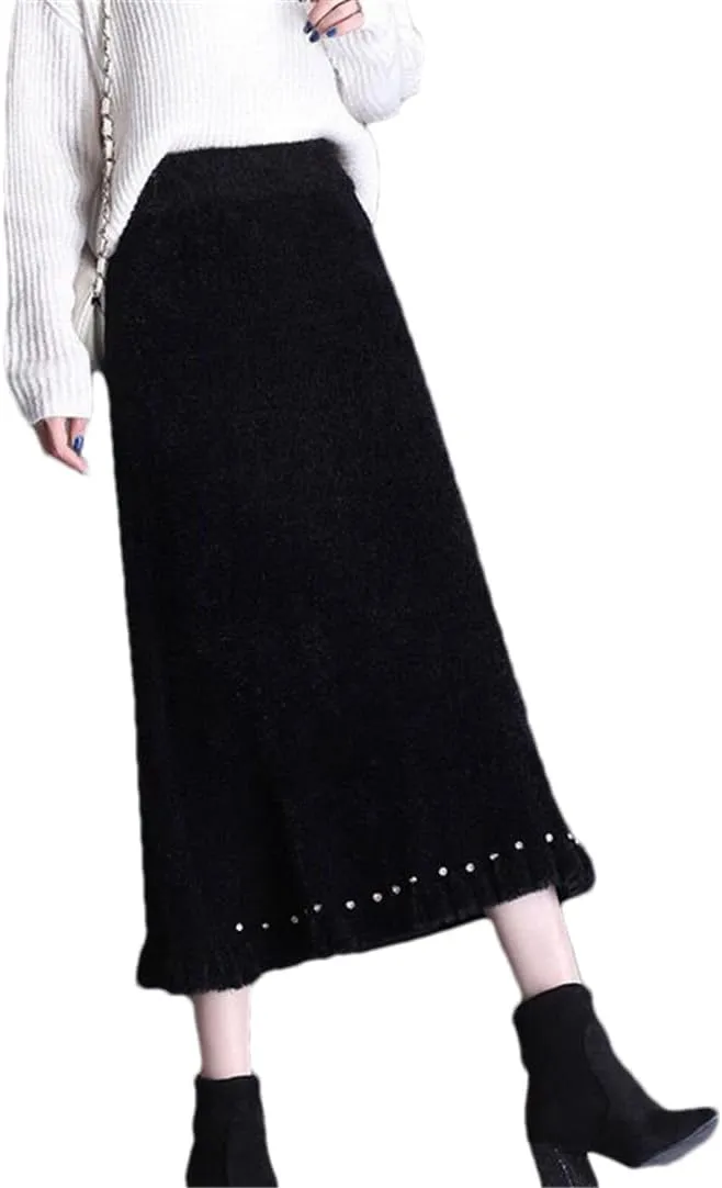 Hndudnff Women Wool Blended Pleated Skirt High Waist Thicken A-Line Midi Skirts Office Work Knitted Skirt