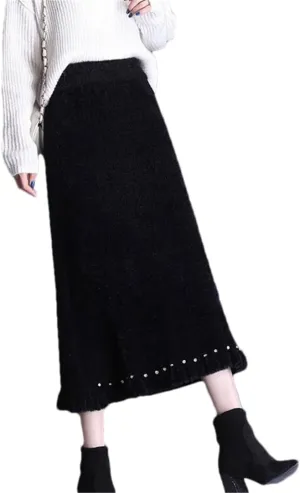 Hndudnff Women Wool Blended Pleated Skirt High Waist Thicken A-Line Midi Skirts Office Work Knitted Skirt