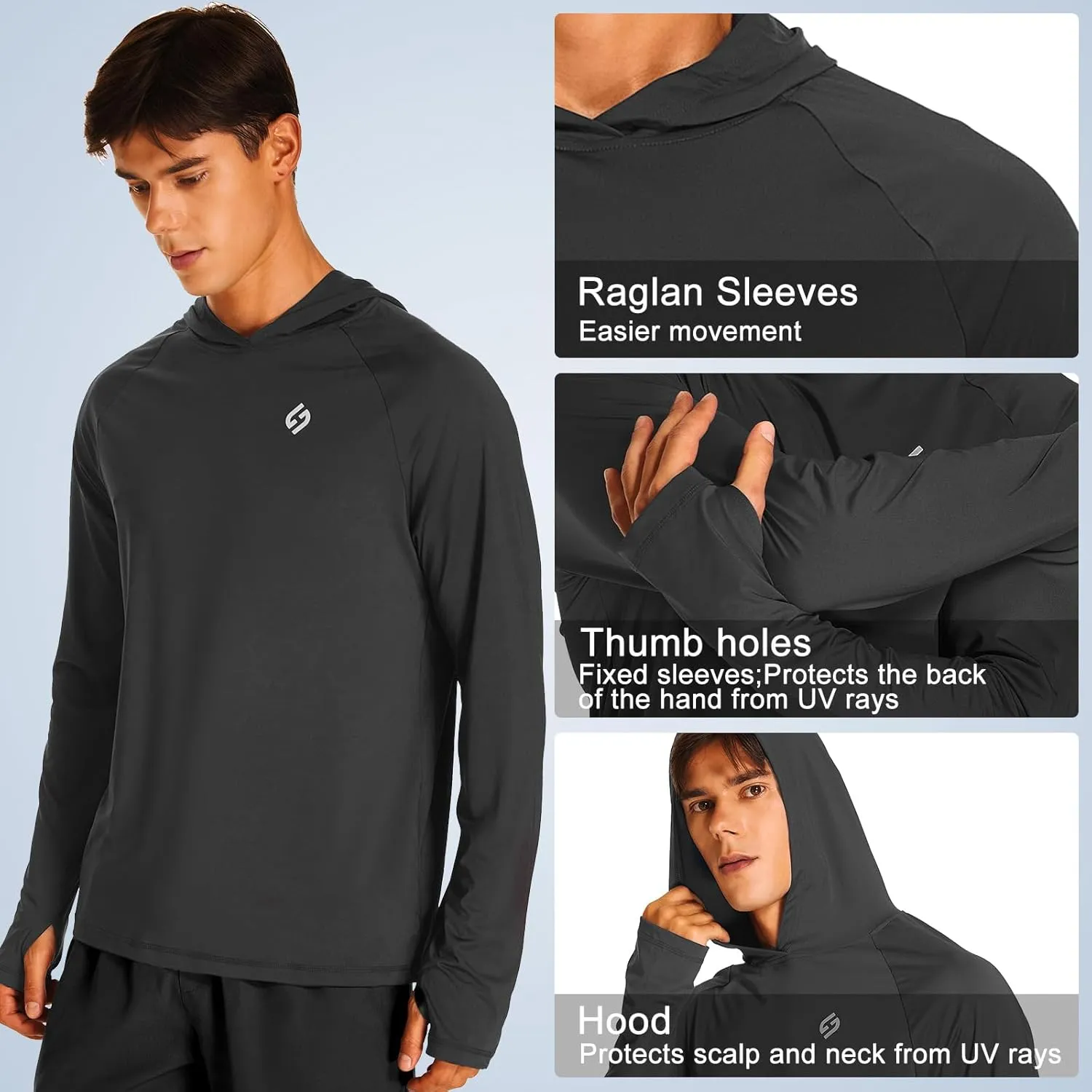HODOSPORTS Mens UPF 50  Rash Guard Long Sleeve Swim Shirts Sun Protection Hoodie Shirt UV SPF Quick Dry T-Shirts