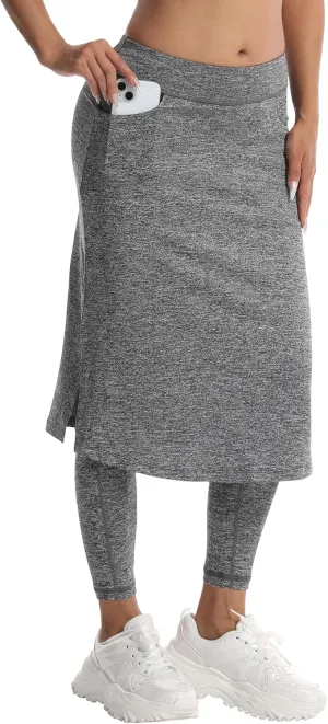 HOKOYI Women's Modest Long Skirt with Attached Leggings Pockets Midi Cover Up Workout Skirted Capris