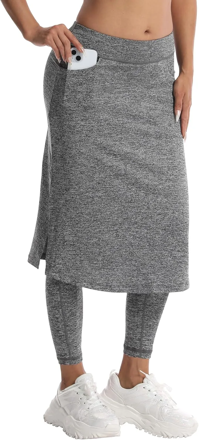 HOKOYI Women's Modest Long Skirt with Attached Leggings Pockets Midi Cover Up Workout Skirted Capris