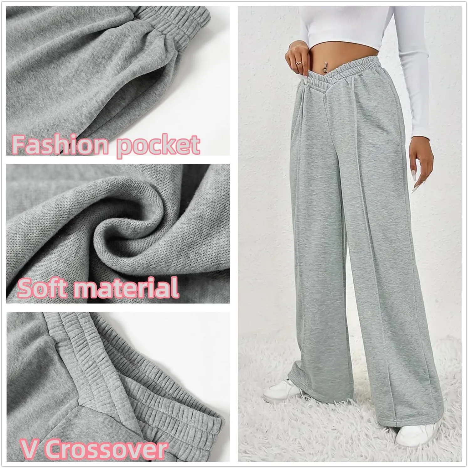 HOPYOP Womens Sweatpants Wide Leg Pants for Women Fall Winter Baggy V Crossover Womens Sweat Pants with Pockets