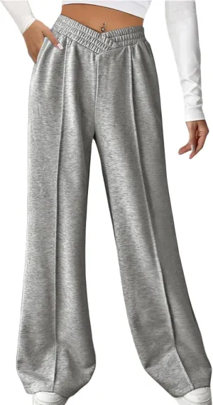 HOPYOP Womens Sweatpants Wide Leg Pants for Women Fall Winter Baggy V Crossover Womens Sweat Pants with Pockets