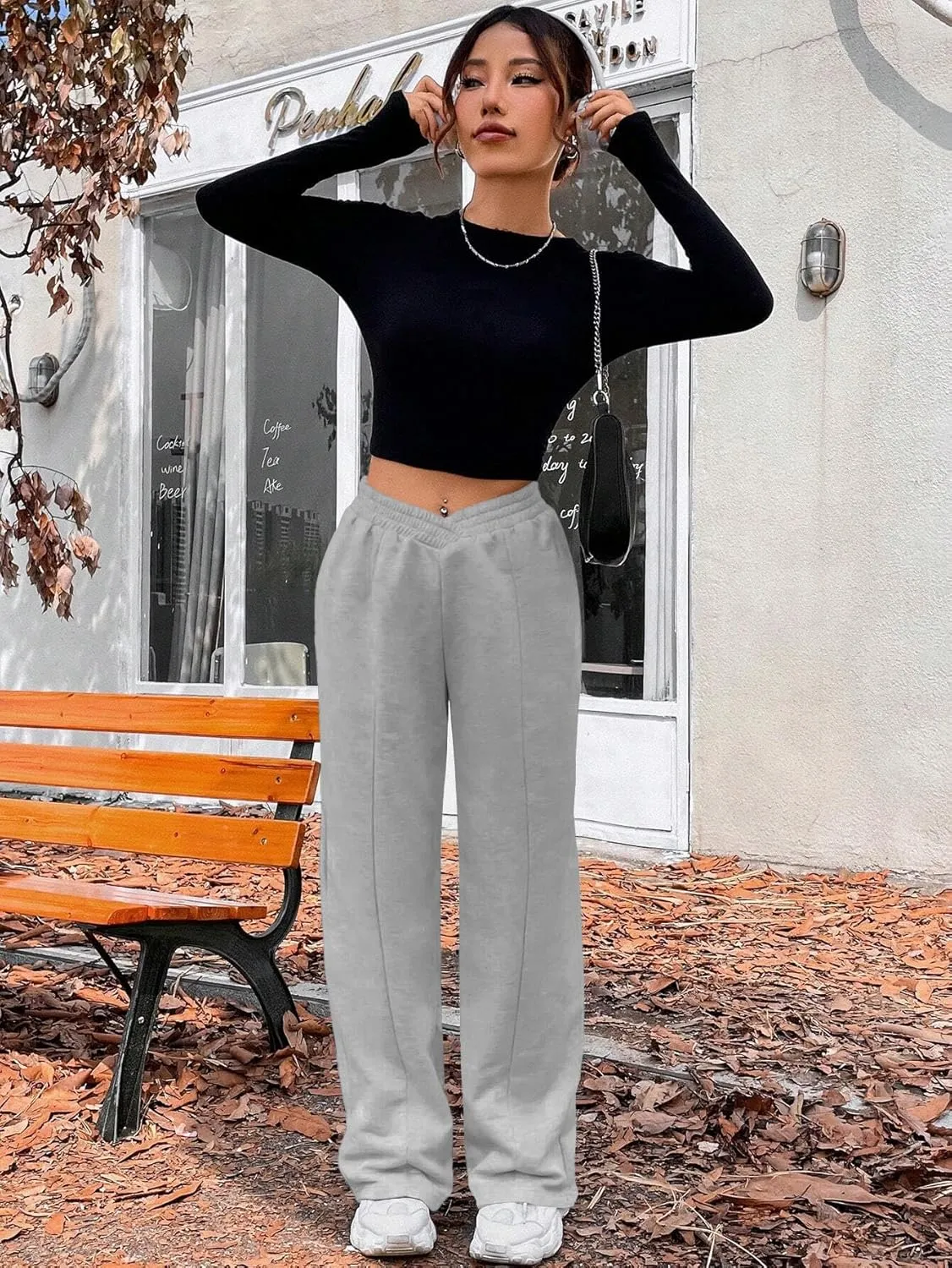 HOPYOP Womens Sweatpants Wide Leg Pants for Women Fall Winter Baggy V Crossover Womens Sweat Pants with Pockets